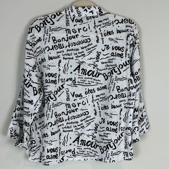 Vintage Laura Ashley Linen French White Black Convertible Sleeve Top PM - Picture 5 of 8